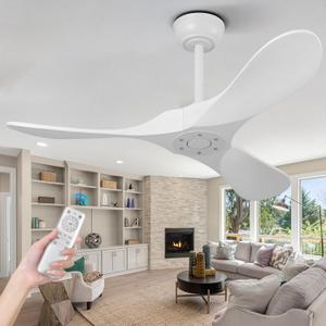 QWO 42" White Outdoor Ceiling Fan No Light, Solid Wood Small Living Room Ceiling Fans Without Lights, Modern Ceiling Fan With Remote For Bedroom