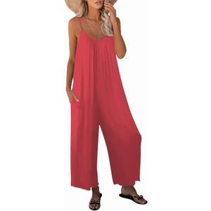 Womens Casual Sleeveless Strap Loose Adjustable Jumpsuits Stretchy Long Pants Romper with Pockets (Red, L)