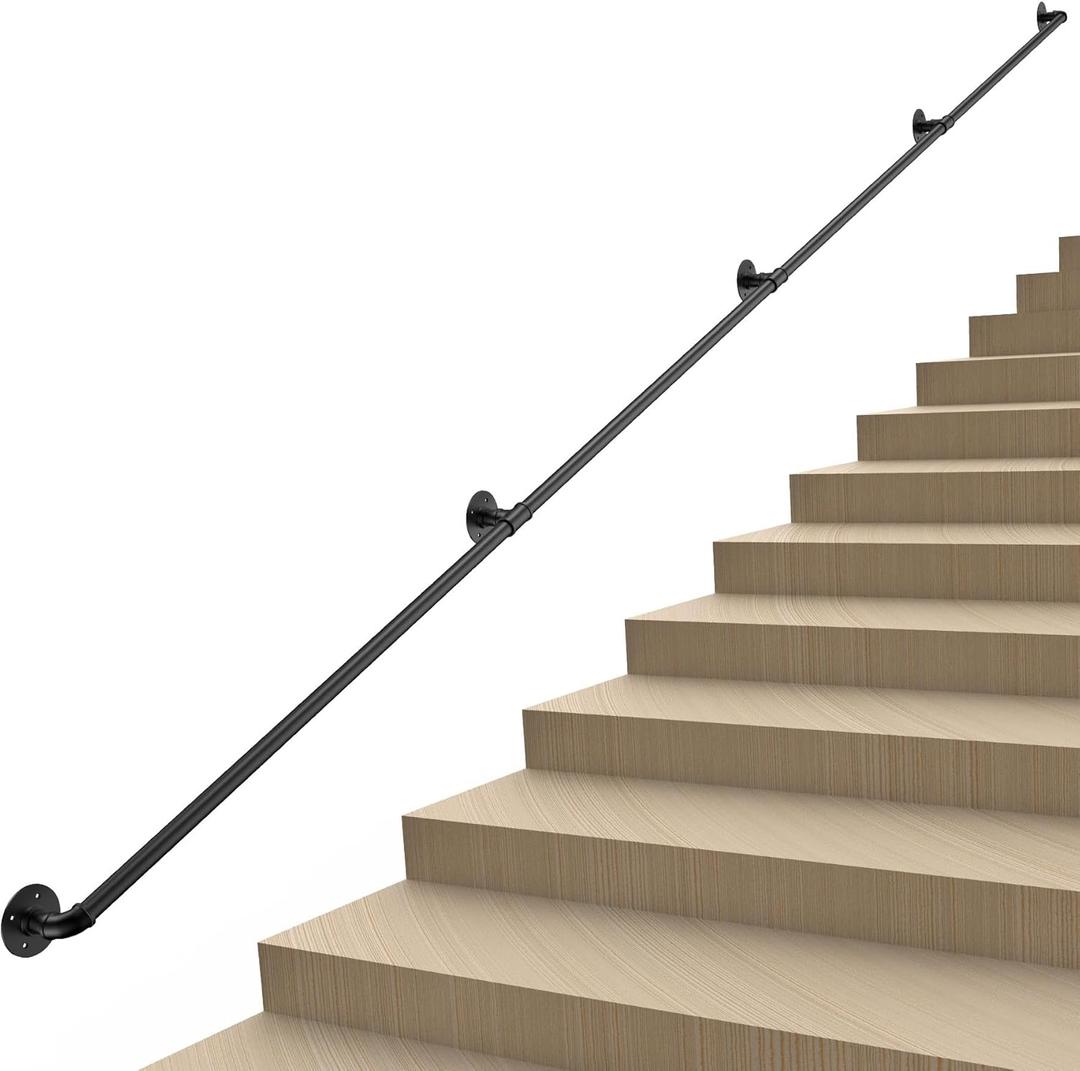 FlySkip Handrails for Indoor Stairs 10ft 3 Sections Galvanized Steel Pipe Stair Railing Non-Slip Wall Mount Hand Rail for Outdoor Indoor Stairs Porch Deck (10FT)