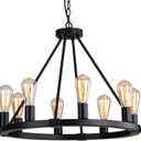 9MMML 23.6" 8 Lights Wagon Wheel Chandelier,Black Metal Round Industrial Vintage Kitchen Island Pendant Light for Living Dining Room Foyer Entryway,Height Adjustable,E26.