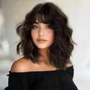 Lativ Dark Brown Wigs for Women Bob Wig with Bangs Curly Wavy Short Wig Heat Resistant Shoulder Length Natural Synthetic Hair 14 Inches for Daily Cosplay Use