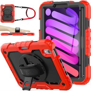 SEYMAC stock Case for iPad mini 7 (A17 Pro) 2024/ Mini 6 8.3'' with Screen Protector Pencil Holder [360 Rotating Hand Strap] &Stand, Drop-Proof Case for iPad mini 7th/6th Generation 8.3", Black+Red