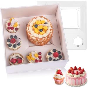 5 Packs Bento Cake and Cupcake Box 6 Holes Fit 5 Cupcakes and 1 Mini Cake Box with Clear Window and Stickers for Father s Day Birthday Party Bakery Baking Supplies.((White, 1+5(5 Pack))