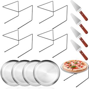 12 Pcs Pizza Pan Riser Stand Set: 4 Metal Pizza Stands, 4 Pizza Pan, 4 Wooden Pie Servers(Silver,Classic)
