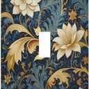 Flowers Leaves On Blue Gold Accents 1 Gang Light Switch Covers Single Toggle Wall Plate Decorative Switchcover Electrical Switchplate for Farmhouse Living Decor (1-Gang Toggle / 5 x 3 IN)