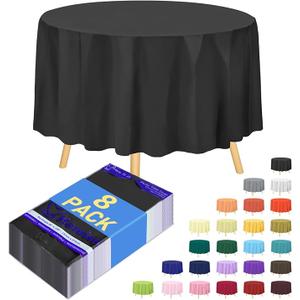 8-Pack Black Disposable Plastic Tablecloths Round 84 Inch Diameter - Heavy Duty Waterproof Party Table Covers for Weddings, Banquets & Events