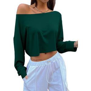 SOFIA'S CHOICE Women's Sexy Off Shoulder Long Sleeve Crop Tops Boat Neck Loose Asymmetrical Tops Large