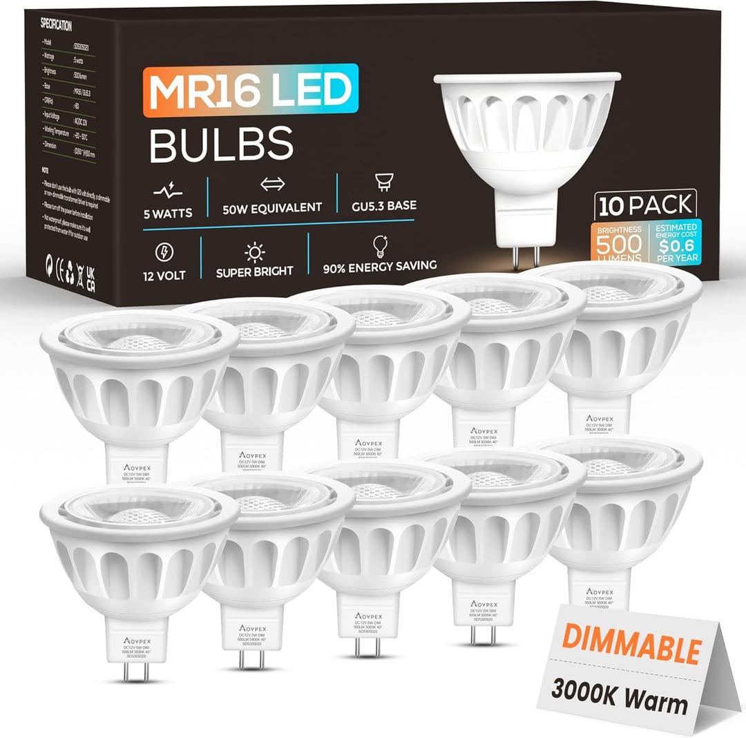 10 Pack Dimmable MR16 LED Bulbs, 12V 5W(50-Watt Equivalent), 3000K Warm White, GU5.3 Bi-Pin Base, 40-Degree, Indoor/Outdoor Landscape Spotlight Track Recessed Lighting