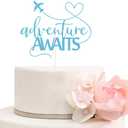 Adventure Awaits Cake Topper 2024 Graduation/Going Away/Retirement/Bon Voyage/Baby Shower/Moving Party/Travel Theme Party Decorations Supplies Blue Glitter