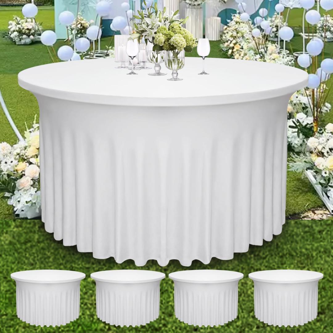4 Pack White Round Table Skirt, 48 Inch Diameter x 30 Inch Height, Stretch Polyester Spandex Tablecloth for 4ft Round Tables, Stain & Wrinkle Resistant for Wedding, Party, Banquet Decor