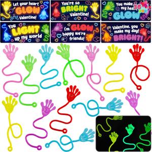 JOYIN 36 Packs Valentine Day Glow Sticky Hands with Card Headers for Kids Party Favor, Classroom Exchange Prizes, Valentines Day Greeting Cards, Party Favors and Exchange Gifts