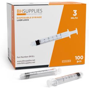 BH Supplies 3ml Luer Lock Tip Syringes (No Needle) - Sterile, Individually Wrapped - 100 Syringes