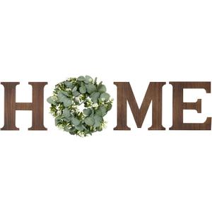 Mkono Farmhouse Wall Home Sign with Artificial Eucalyptus for O Rustic Wooden Hanging Letters Decorative Wall Art Decor for Living Room Kitchen Entryway Housewarming Gift, Large, Brown