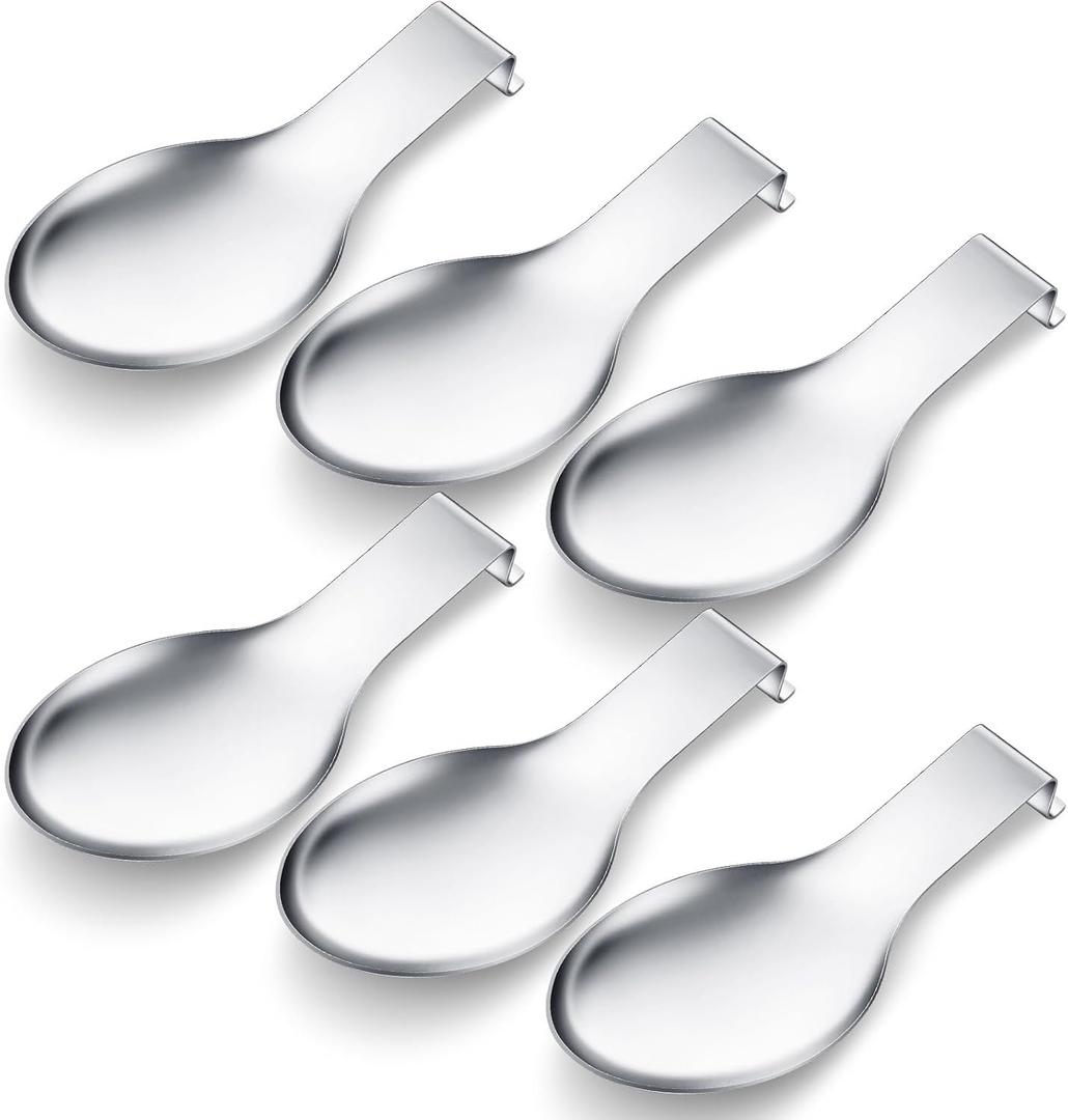 Nuanchu 6 Pcs Stainless Steel Spoon Rest Spatula Ladle Holder Spoon for Stove Top Heavy Duty Spatula Holder for Countertop Dishwasher Safe Utensil Rest for Kitchen, 3.8 x 9.6" (Silver)