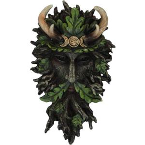 Ebros Gift Wicca Spirit God Triple Moon Antler Crowned Black Greenman Tree Ent With Green Foliage Leaves Hanging Wall Decor Plaque 10.5" High Wiccan Tree Of Life Forest Shepherd Horned God Cernunnos