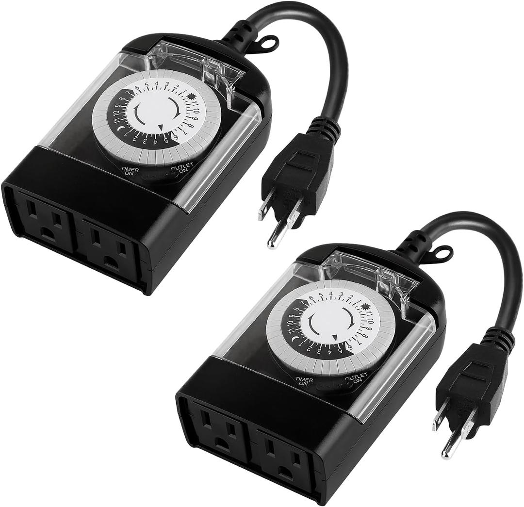 Outdoor Timer Outlet Waterproof, 24 Hour Mechanical Timer Outlet for Home and Garden, 2 Grounded, 15A 3/4HP, Black, 2 Pack