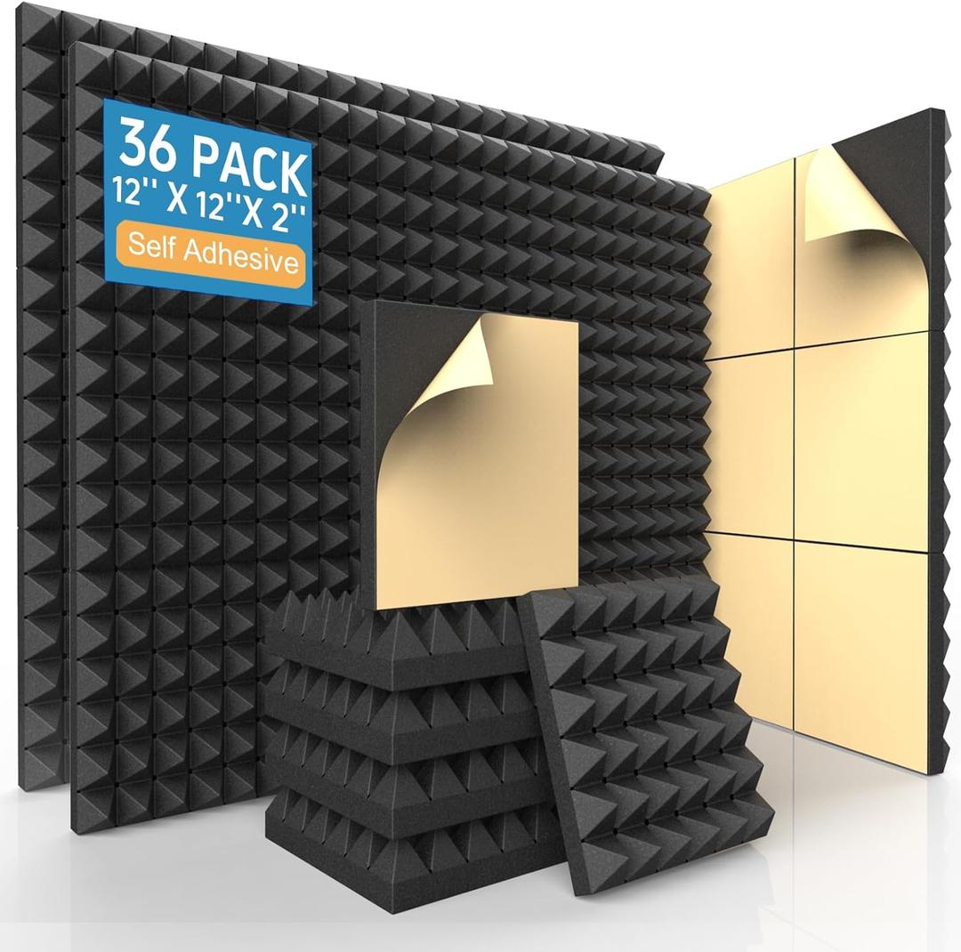 36 Pack Self-Adhesive Acoustic Foam Panels, 12 x 12 x 2 Inches High Density Pyramid Sound Proof Foam Panels for Walls, Fire Resistant Soundproof Wall Panels for Home Office & Studio (Black)