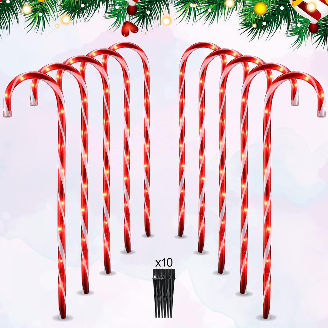 VCOKEN 30'' Christmas Candy Cane Pathway Markers Lights - Set of 10 Christmas Stakes Lights Outdoor Pathway Decorations, Connectable & Light Up Xmas Holiday Party Yard Art Indoor Outdoor Ornament (Red)