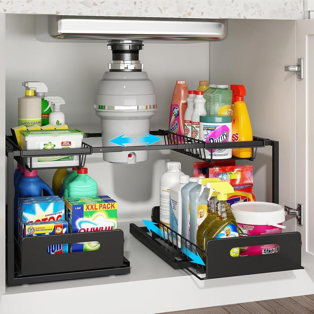 Double Drawer Under Sink Organizer, Pull Out Cabinet Organizer2-in-1 Large Volume 2 Tier Slide Out Sink Shelf for Kitchen Storage and Organizers, Black