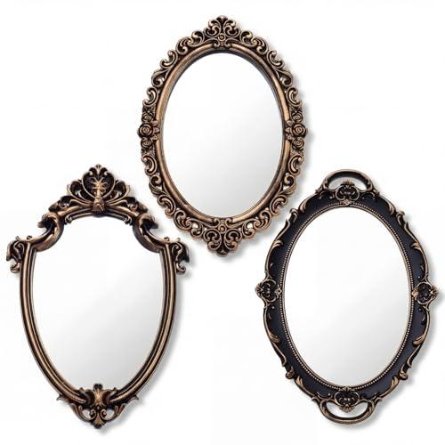 Beeveer 3 Styles Vintage Mirrors Set Decorative Oval Wall Mirror Small Antique Mirrored Tray Decorative Retro Hanging Mirror for Bathroom Bedroom Jewelry Organizer Victorian Decor(Antique Gold)