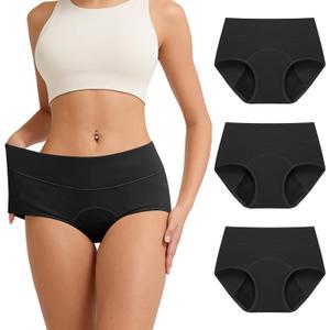 Period Underwear for Women High Waisted Leakproof Menstrual Panties Heavy Flow Absorbent Postpartum Briefs 3 Pack (Black, M)