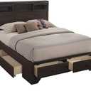 Benjara Queen Size Bed with 4 Storage Drawers, Bookcase Headboard, Walnut Brown