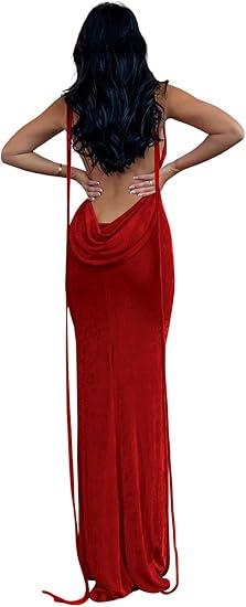 Women's 2025 Summer Backless Bodycon Maxi Dress Spaghetti Strap Halter Formal Cocktail Dresses Wedding Guest (Small, Red)