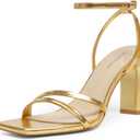 Modatope Womens Sandals Square Open Toe Chunky High Heels Strappy Ankle Strap Sandals Comfort Dress Party Shoes (8.5, Gold Pu)
