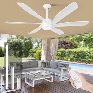 64 Inch White Ceiling Fan with Light and Remote Control, Outdoor Ceiling Fans for Patios, Modern High CFM Ceiling Fan for Farmhouse Bedroom Balcony, Reversible 6 Blades & Dimmable 3 Color