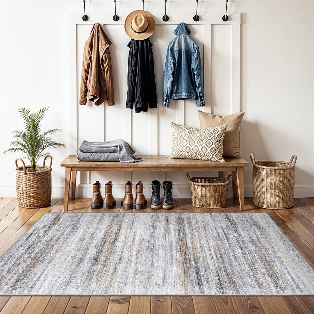 3x4 Rugs Washable Entry Rug: Easy-to-Clean Carpets for Large Entryway Hallway Kitchen Bedroom - Stain and Water Resistant Carpet with Non-Slip Backing - Soft Low-Pile Door Mat Beige Grey