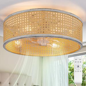 20" Boho Rattan Fandelier, Flush Mount Caged Ceiling Fan with Light & Remote Control, Drum Shade, 6 Speed/Timer/3 CCT//Bladeless/Quiet Motor/Low Profile, for Bedroom Living Room Kitchen (Old Oak Color & Rattan)