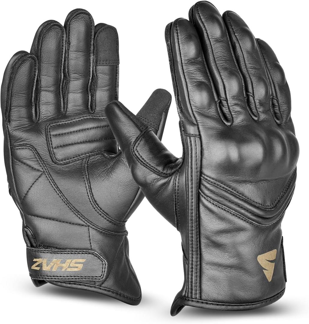 Shaz Premium Cowhide Leather Motorcycle Gloves for Men and Women- Touchscreen Hard Knuckle Protected Motocross Motorbike Racing Riding Biker Gloves (Black, XX-Large, Ambidextrous)