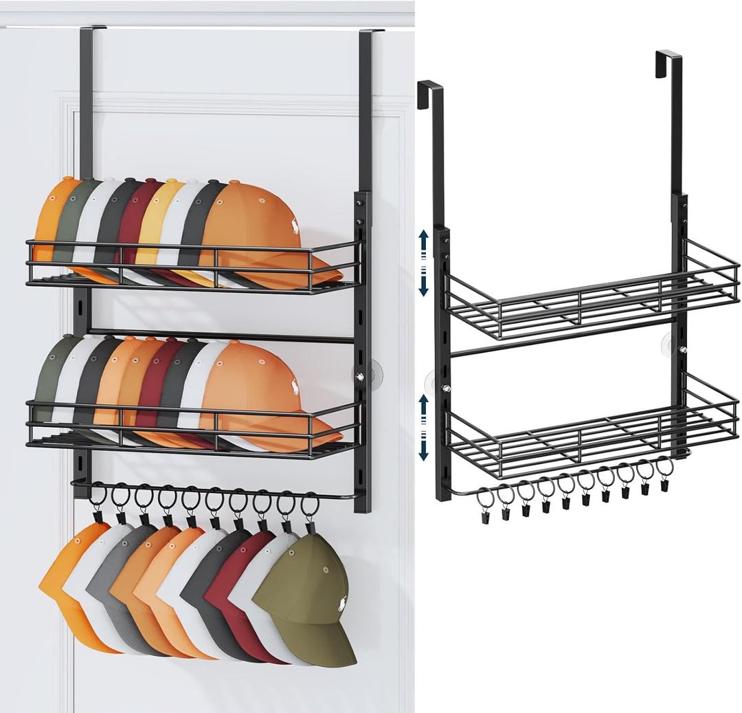Consumest Over Door Hat Organizer - 3 Tier Wall Mounted Hat Rack with 2 Adjustable Metal Basket and 10 Movable Clips, Baseball Cap Organizer Storage up to 30 Caps for Door, Bedroom, Closet (Black)