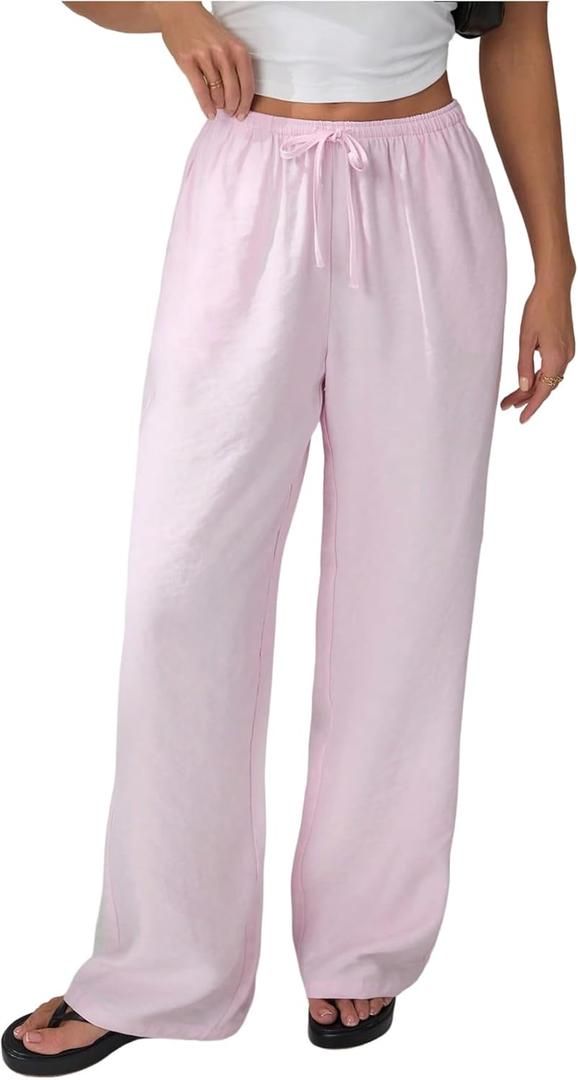Verdusa Women's Straight Leg Pants Drawstring High Waisted Casual Loose Trousers with Pockets (Pink, M)
