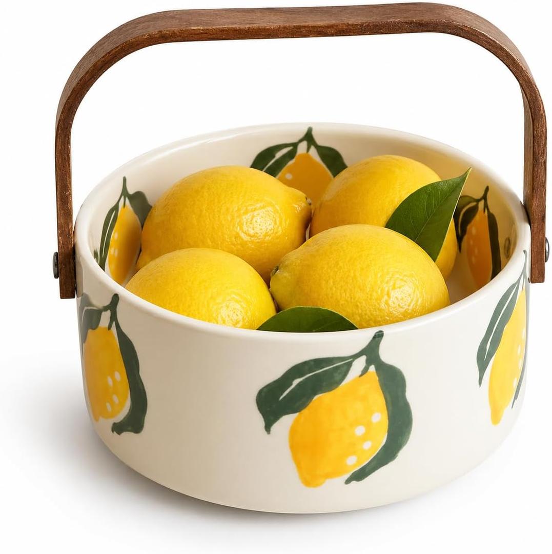 Lemon Decorative Ceramic Candy Bowl with Wooden Handle, 6.1 Inch Candy Dish for Fruit, Nuts and Snacks, Unique Fruit Bowl for Kitchen Countertop, Picnic, Camping, Summer Farmhouse Decor