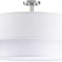 5 Light Off White Double Drum Fabric Shade Semi Flush Mount Ceiling Light,Close to Ceiling Light Fixture Brushed Nickel Finish,24 inch Semi Flush Drum Light for Bedroom,Living Room,Dining Room Hallway