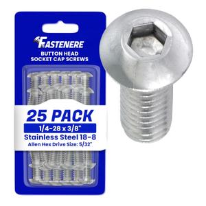 Fastenere Button Head Socket Cap Screws - 1/4-28 x 3/8" (25 Pack) Stainless Steel 18-8, Full Thread, Bright Plain Finish, Corrosion-Resistant, Machine Thread, Easy to Install w/Allen Socket Drive
