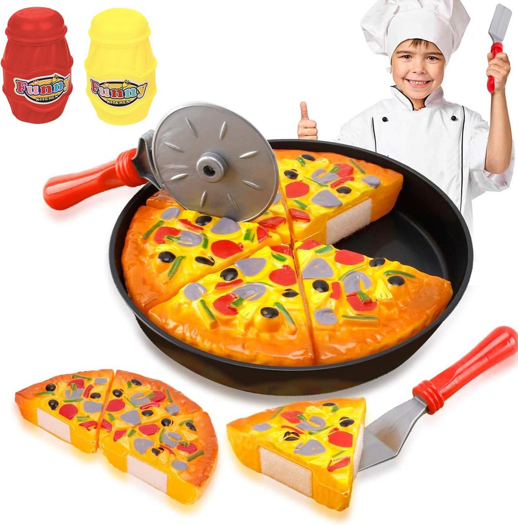 11 PCS Pizza Party Toy Play Set for Kids, Pizza Pie Pretend Play Food - Slice and Serve Plastic Kitchen Cooking and Cutting Playset
