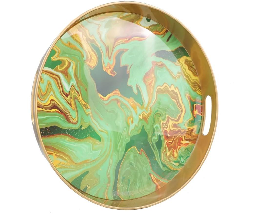 Leemxiiny Round Green Marbling Decorative Tray with Handles, 13" Morden Plastic Serving Tray for Coffee Table Bathroom, Ottoman, Home Decor