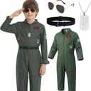 4-Piece Pilot Costume for Kids - Air Force Flight Suit with Sunglasses, Dog Tag & Belt for Halloween Career Day (10-12 Years)