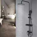 Matte Black Exposed Shower System 8 Inch Rainfall Shower Head 3 Functions Wall Mounted Outdoor Shower Fixtures Stainless Steel Bathroom Shower Set with Shower Shelf