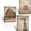 Apicoture Vintage Country Landscape Canvas Wall Art Rustic Barn Windmill Wall art Framed Countryside Farmhouse Paintings Wall Decor,12"x16"x3 Panels