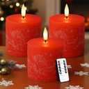 Retisee Flameless Pillar Candles Set of 3 Battery Operated Candle with Remote Control Timers Real Wax Flat Top Flickering Small LED Candles for Christmas Decorations Dinner Gift(Red,3x3 Inch)