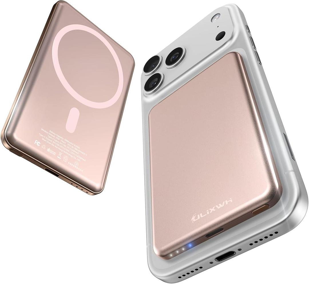 [0.3" Ultra Slim] [Alloy-Made] ULiXWH for Magsafe Portable Charger for iPhone, 2026 Upgrade 5000mAh Fast Charging Magnetic Power Bank, Wireless Battery Pack for iPhone 17 Air 16 15 Pro Max 14 13, Pink