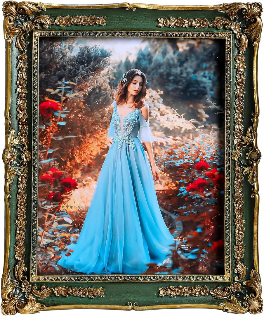 Green 8x10 Vintage Picture Frame - Elegant Gold Ornate Antique Fancy Picture Frames with Glass Front, Tabletop & Wall Display