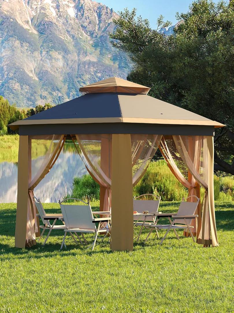 Garveelife Pop Up Gazebo 13x13, 6 Sided Outside Canopy Tent with Mosquito Netting, One Push Setup for Backyard Patio Garden Activities - Khaki & Brown