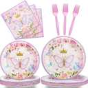 96 Pcs Butterfly Birthday Party Plates Napkins Forks Supplies Tableware Set Disposable Table Butterfly Theme Decoration for Girl Birthday Party or Baby Shower, Serves 24 Guests