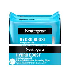 Neutrogena Hydro Boost Ultra-Soft Micellar Cleansing Wipes with Hyaluronic Acid, Hydrating Makeup Remover Wipes Remove Dirt & Waterproof Makeup, Hypoallergenic, Plant-Based Cloth, 2 x 25 ct (50 Count (Pack of 1))