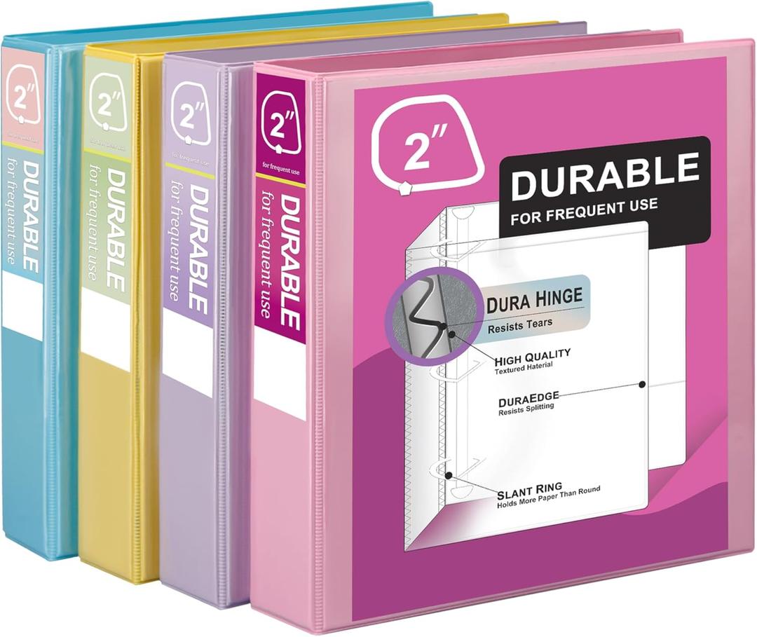 Zzrywuty Durable 3 Ring Binder, 2 Inch, Economy 4 Pack, Each Holds 540 Sheets, D-Ring Presentation View Binders for Office, School, Home (Pastel Assortment)