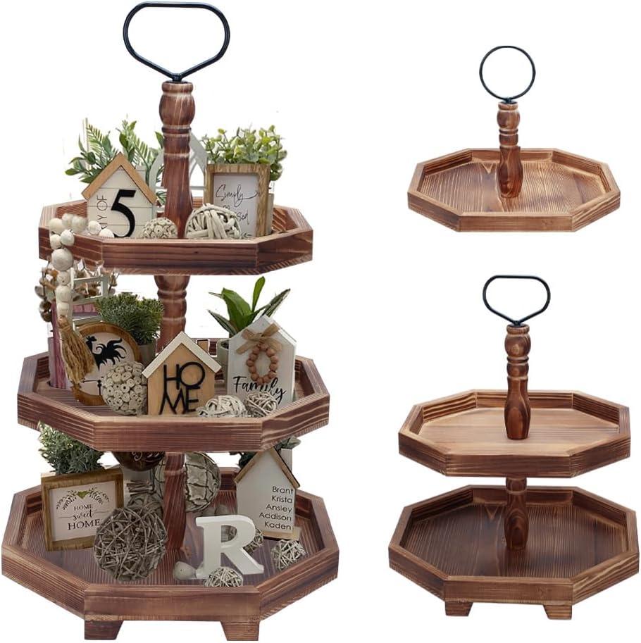MRPAPA Tiered Tray Stand Wood Tier Serving Tray, Three Decorative Trays, Wooden Cupcake Stand 3 Tiered Farmhouse Trays for Home Decor(L 13.8 W 12.5 H 21.8)